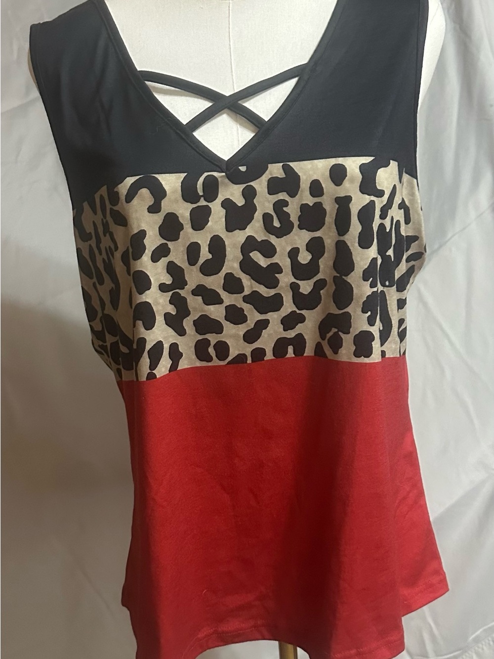 Colorblock Leopard V-Neck Tank Top with Crisscross Detail - Black, Beige & Red